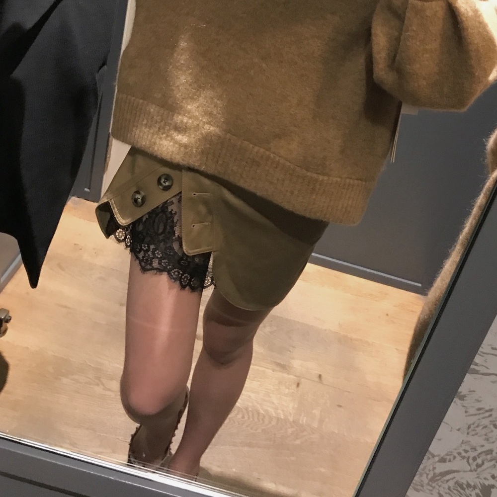 Self-Portrait tan mini skirt with black lace trim